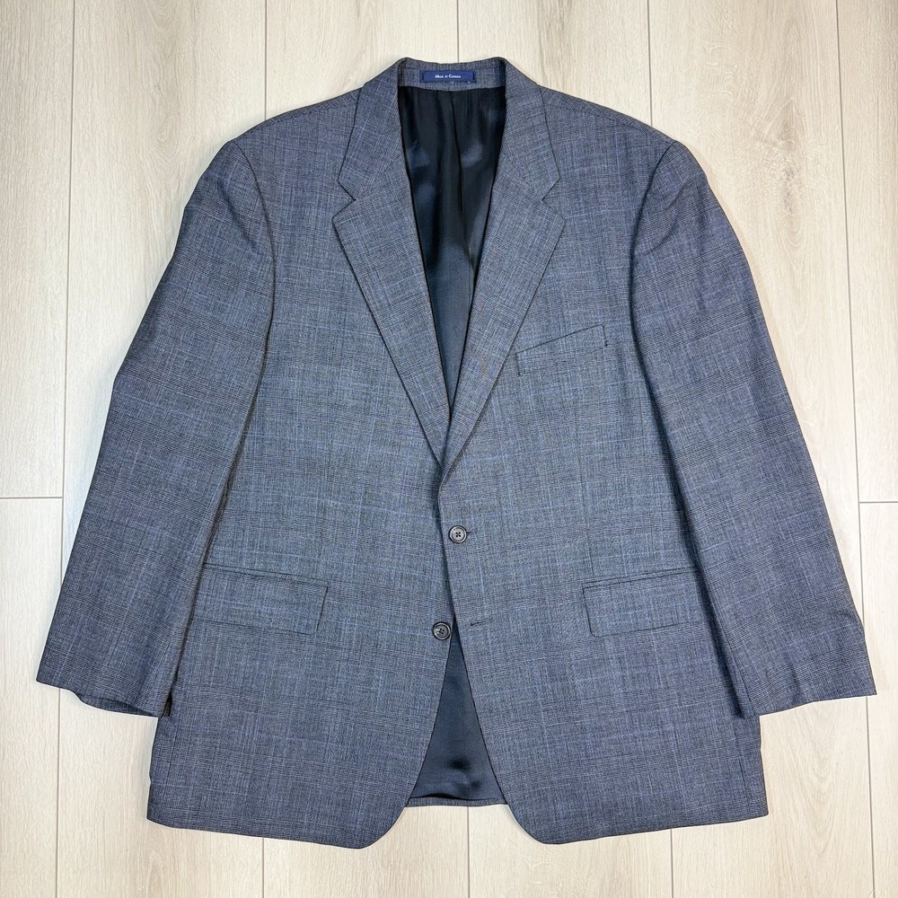 CHAPS Ralph Lauren Blazer 48R Gray Plaid 100% Wool Jacket Made in Canada 2-Butto